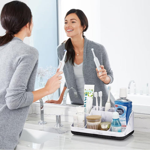 Marble Bathroom Countertop Organizer - Detachable 7 Slots Kids Electric Toothbrush and Toothpaste Holde Drainage for Bathroom Accessories Organization Counter Vanity Storage, Black by GFWARE