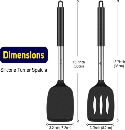HOTEC Heat Resistant Silicone Slotted Solid Turner Spatula, Kitchen Spatula set,Cooking utensils for Nonstick Cookware, BPA Free,Dishwasher Safe by HOTEC