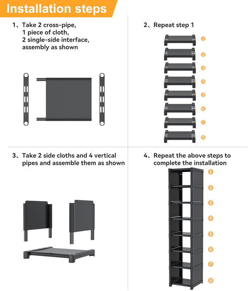 8 Closet Narrow Shoe Rack Tier, Slim Vertical Shoe Organizer for Small Spaces, Stackable Shoe Storage Shelf with Metal