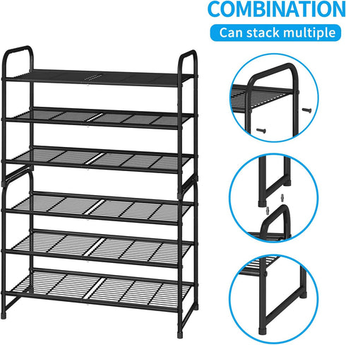 3-Tier Simple Trending Stackable Shoe Rack, Expandable & Adjustable Shoe Shelf Storage Organizer, Wire Grid, Black
