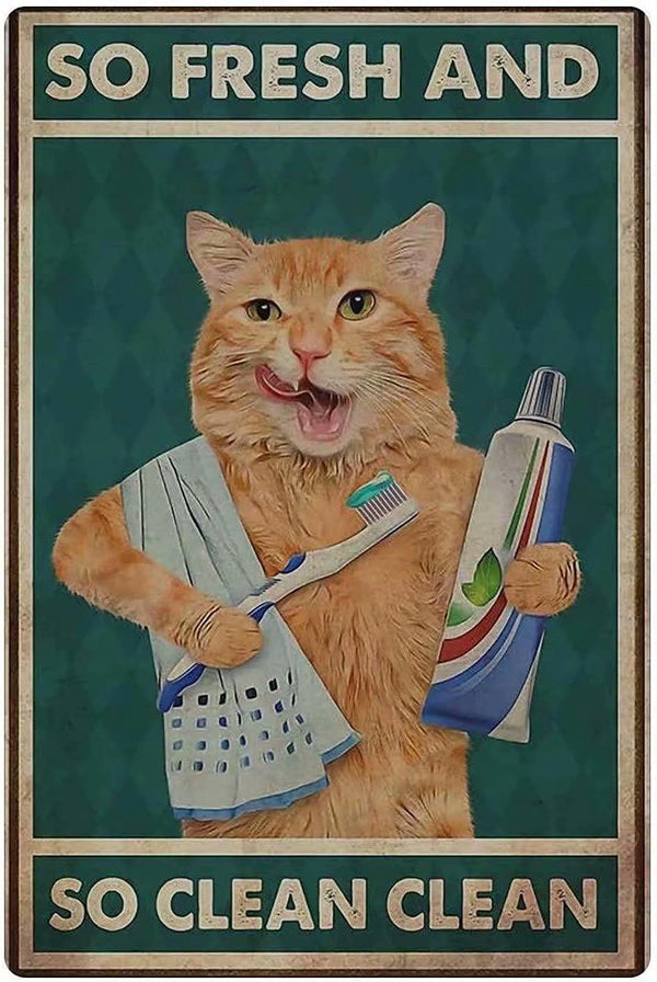 Bathroom Cat Signs, So Fresh and So Clean Poster, Funny Wall Decor Metal Tin Sign for Toilet and Shower