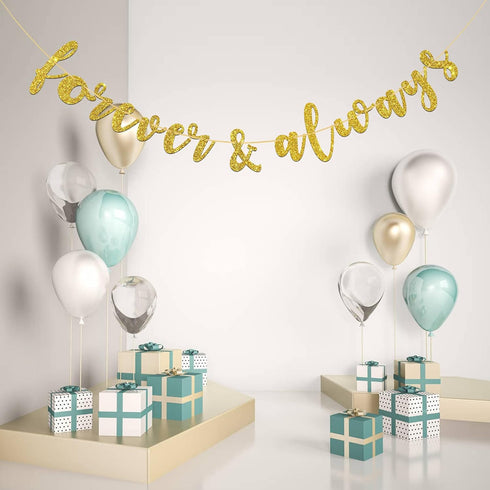 Forever & Always Banner for Bridal Shower, Engaged, Wedding Anniversary Party Decorations (Gold Glitter)
