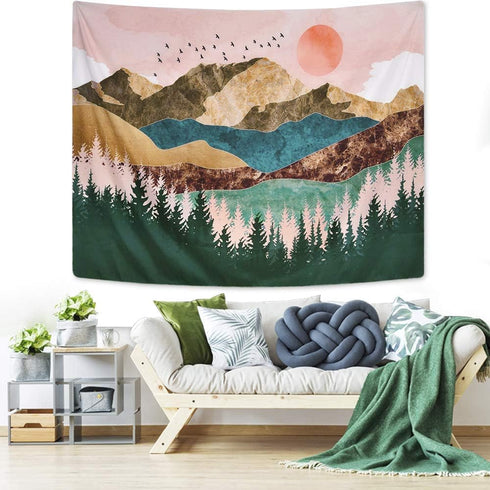 ARFBEAR Mountain Tapestry - Forest Tree Wall Hanging Tapestry Nature Landscape Green and Brown Beach Blanket (Large-79