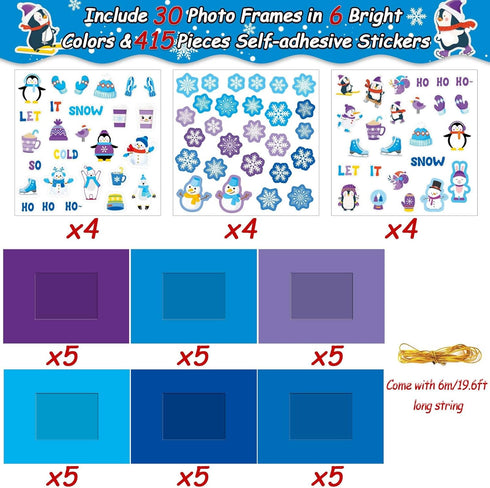 30 Packs Winter Craft Kits for Kids, Holiday DIY Picture Frame Craft Snowflake Penguin Polar Bear Art Party Favor Home