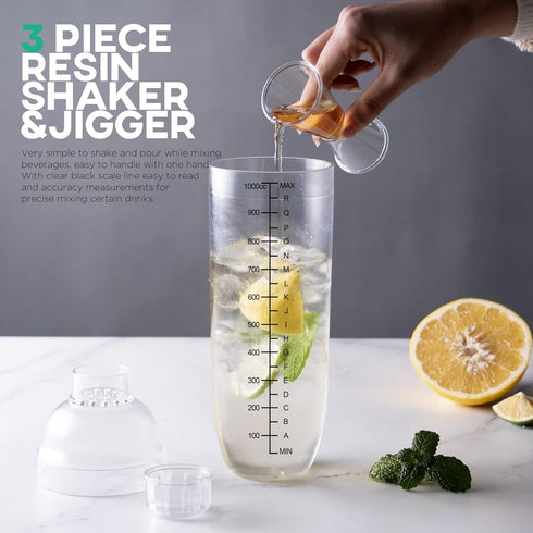 Homestia Plastic Cocktail Shaker with Measuring Jigger Set - 1000cc / 33 oz Clear Plastic Bottle Boba Tea Shaker Cup