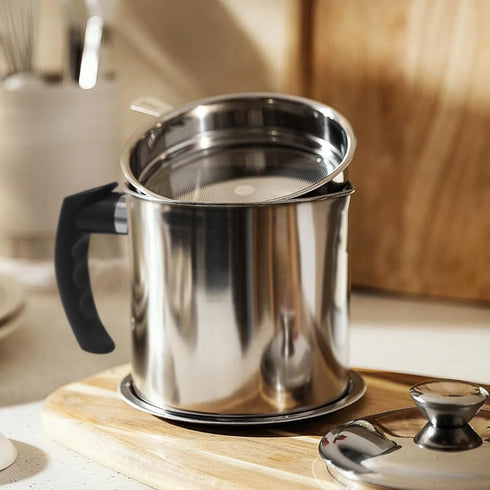 Bacon Grease Container with Strainer - 1.3L Stainless Steel Oil Container for Storing Cooking Grease
