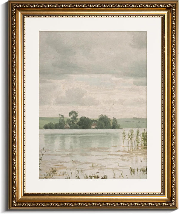 InSimSea Retro Gold Framed Wall Art, Esrum Lake Vintage Canvas Print, Farmhouse Country Decor, 13x16 Inch