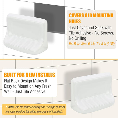 4x4 Inch Shower Wall Soap Holder & Ceramic Soap Dish - Fits & Any Tile Walls, Heavy-Duty Flat-Back Design with Drainage