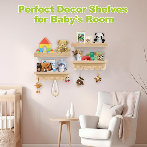 Varbonia 16'' 4 Pack) Floating Nursery Book Shelves for Wall, Wood Book Shelf for Baby Boys Girls Bedroom Bathroom