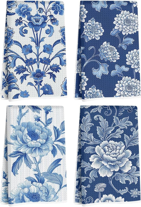 Blue Leaves 4 Pcs Artistic Floral Kitchen Towels, Traditional Art Decorative Absorbent Microfiber Dish