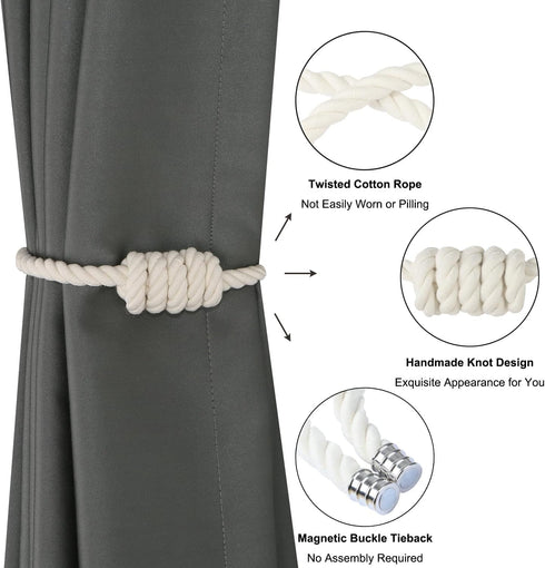 BEL AVENIR Magnetic Cotton Curtain Tiebacks, Decorative Drapery Holdbacks with Exquisite Knot, 6 Pack