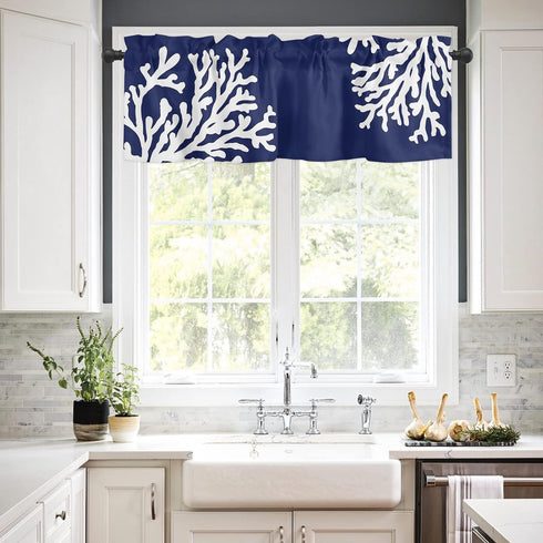 Navy Blue Coral Farmhouse Short Window Curtain Valances, Coastal Summer Beach Nautical Seaside Rod Pocket Kitchen Valances for Living Room Bedroom Bathroom Cafe, 1 Panel - 42" x 12"