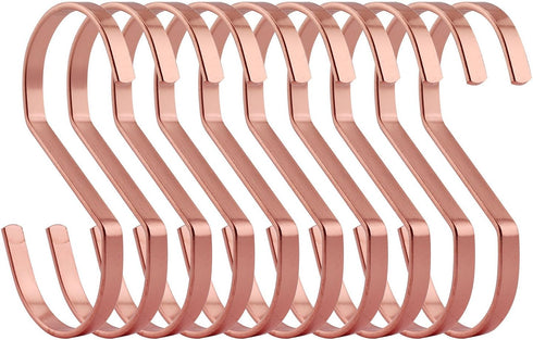 10-Pack 4 Inch Rose Gold Chrome Finish Steel Hanging Flat Hooks - Heavy-Duty S Hooks for Kitchenware & Gardening