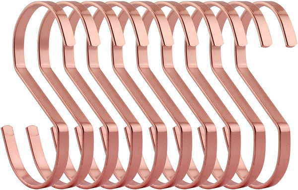 10-Pack 4 Inch Rose Gold Chrome Finish Steel Hanging Flat Hooks - Heavy-Duty S Hooks for Kitchenware & Gardening