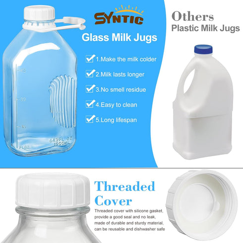 4 Pack 2 1/2 2 64 Oz Syntic Qt Glass Milk Bottles with Handle and Airtight Reusable Screw Lids, Gal Glass Water & Juice