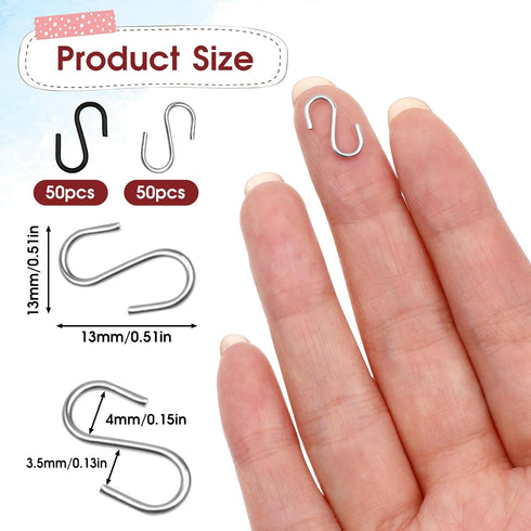 100 Pcs 1/2 Inch Mini S Hooks for Hanging Small S Hooks Connectors Stainless Steel S Shaped Hooks with Storage Box for DIY Crafts Hanging Jewelry Key Chain Tags(Black, Silver)