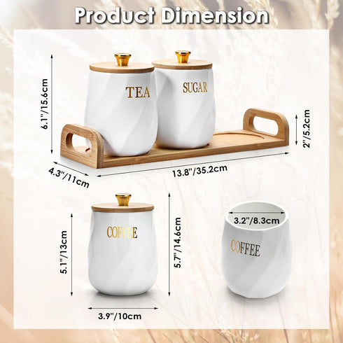 OGANAZI 3 Pack Set Set, Countertop Ceramic Canister with Bamboo Lids and Handle Tray, Coffee Tea Sugar Container White