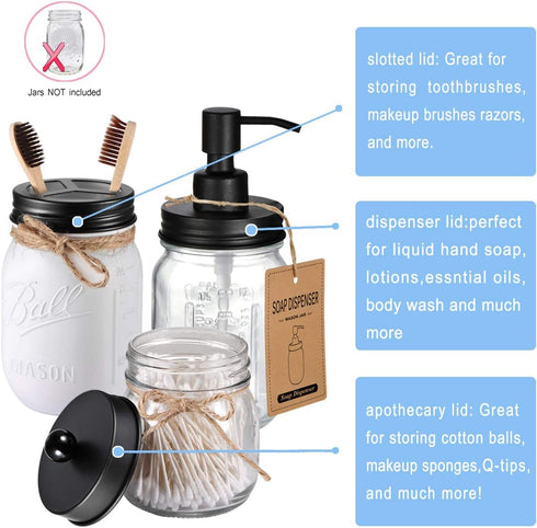Mason Jar Bathroom Accessories Lids Set (4pcs) - Soap Dispenser, Toothbrush Holder, Apothecary Jars Lids - Black