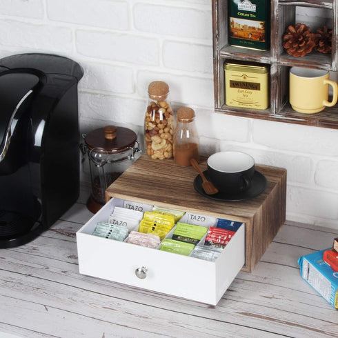 JACKCUBE DESIGN Rustic Wood Tea Storage Box with 12 Adjustable Compartments and White Faux Leather Drawer