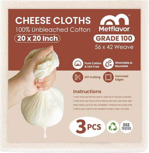 3Pcs Reusable Cheesecloth for Straining 20x20 Inch,100 Grade Cheese Cloths Hemmed Edges,