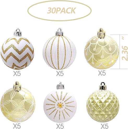 30PCS Christmas Balls Ornaments - 60MM Gold & White Painted Shatterproof Hanging Decorations for Tree