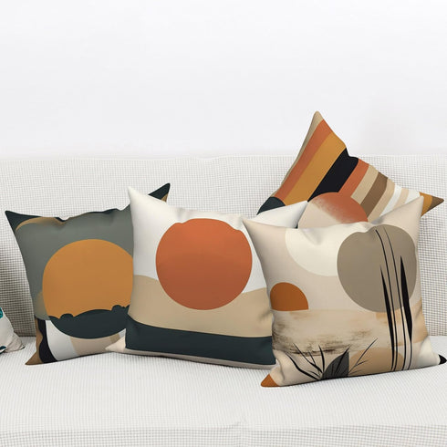 Boho Pillow Covers 18x18 Inch, Mid Century Abstract Sun Throw Pillow Covers, Terracotta and Yellow Linen, Set of 4
