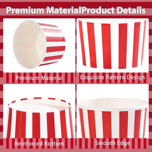120Pcs 12 oz Summer Grencian Red Ice Cream Cups Disposable Red and White Stripes Paper Dessert Snack Bowls BBQ Yogurt