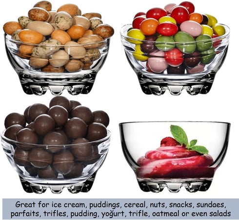 BOHEM'S Clear Glass Bowls Set of 4, 9.5 oz Small Serving Bowls for Dessert, Snack, Cereal, Fruit, Ice Cream