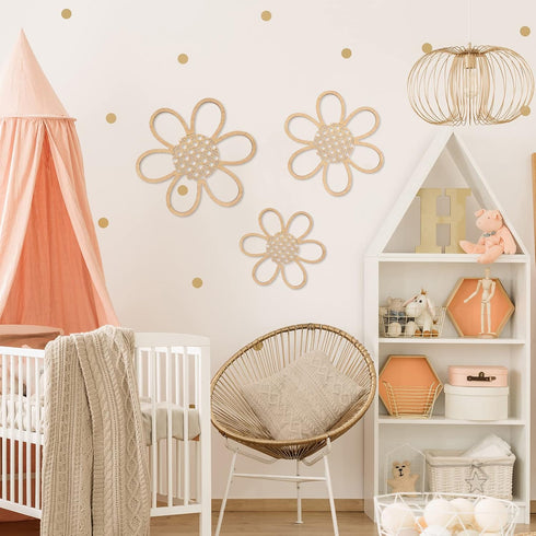 Maitys Set 3, Boho Wall Decor of Wood & Rattan Daisy Flower Wall Hanging Art, Boho Nursery Decor for Bedroom Living