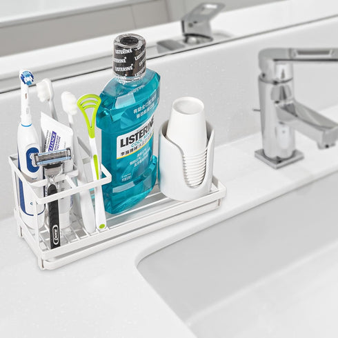 Toothbrush Holders for Bathrooms, Carbon Steel Tooth Brushing Holder Electric Toothbrush and Toothpaste Organizer Bathroom Accessories for Countertop, Shower, Sink - White
