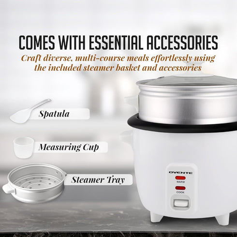 OVENTE Electric Rice Cooker, 10 cups Cooked (5 cups Uncooked), White, with Food Steamer Basket & Automatic Keep Warm