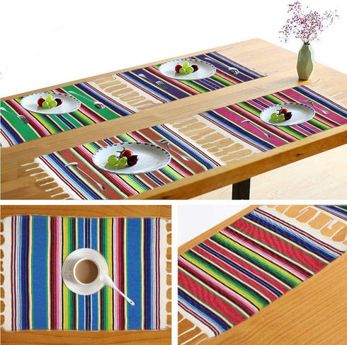 Mexican Serape Placemats - Set of 6 Handwoven Fringe Cotton Table Place Mats for Party Decor, 13 x 19 Inch