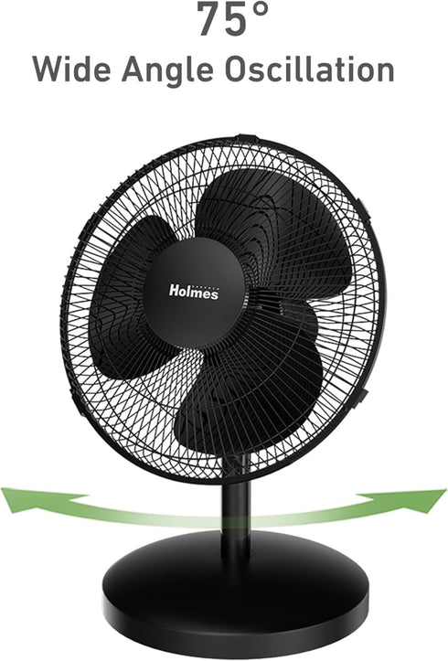 HOLMES 12" Table Fan with 75° Oscillation, 3 Speeds, 15° Adjustable Head Tilt, Ideal for Home, Bedroom, Office, Black