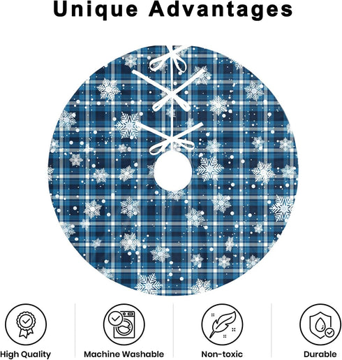 Christmas Tree Skirt, 48 inches Blue Buffalo Plaid with White Snowflake for Holiday Party Decorations
