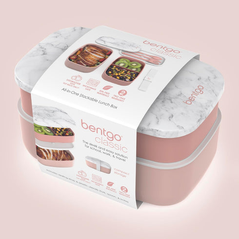 Bentgo Classic - Adult Bento Box, Stackable 3-Compartment Lunch Box with Removable Utensil Set, BPA-Free (Blush Marble)