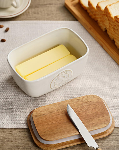 Getstar Ceramic Butter Dish with Acacia Lid, Silicone Sealing, Large Butter Keeper Container for Countertop