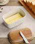 Getstar Ceramic Butter Dish with Acacia Lid, Silicone Sealing, Large Butter Keeper Container for Countertop