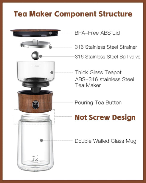 ZENS Modern Glass Infuser Teapot, One Touch Tea Maker for Loose Leaf Tea with Insulated Mug and Portable Case.