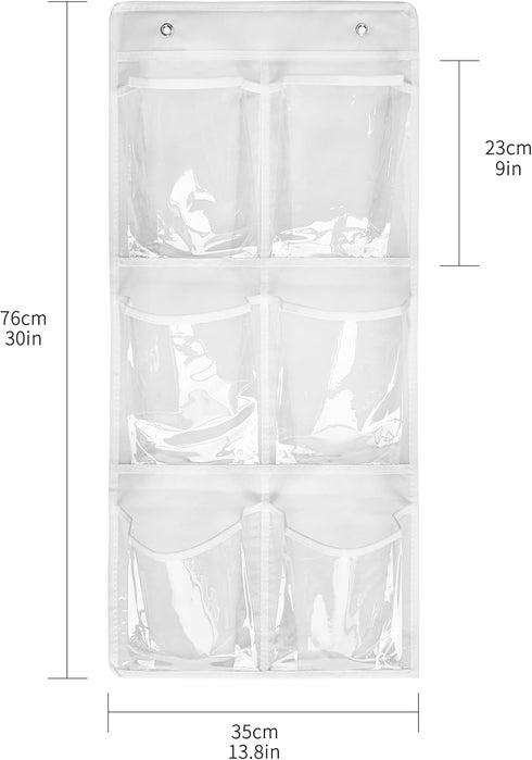 2 Pack 6 Clear Crystal Pockets Large Hanging Shoe Organizer: Over The Door Rack with 4 Hooks, White (30'' x 13.8'')