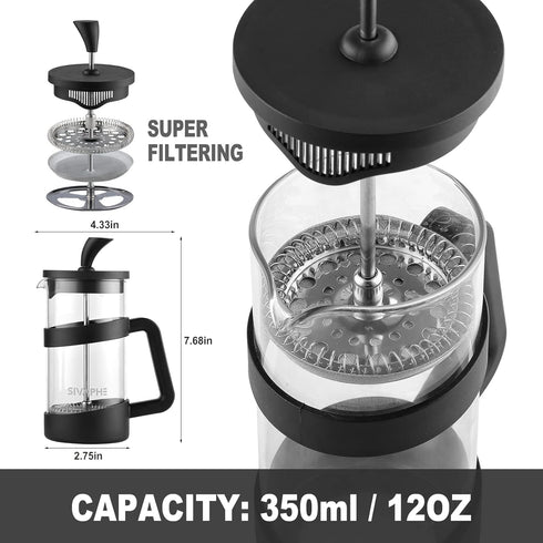Sivaphe Small French Press, 12oz Lightweight Durable High Borosilicate Carafe, Single Serve Coffee Press