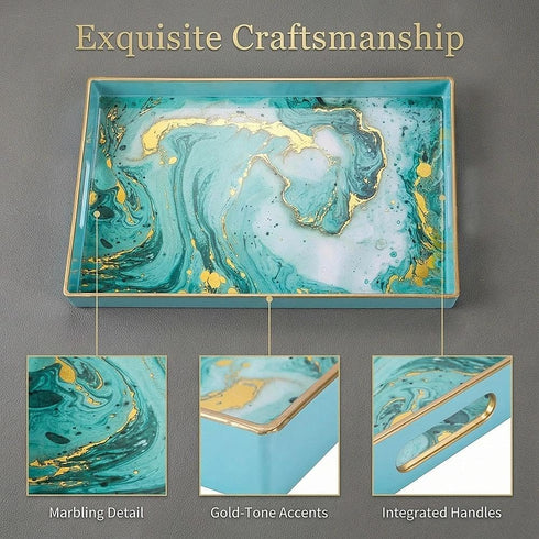 15.6" 10.2" Zosenley Decorative Tray, Marbling Plastic Tray with Handles, Rectangular Vanity Tray and Serving Tray