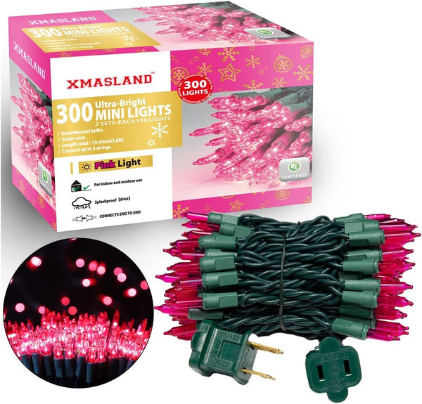 Ultra-Bright Connectable Pink Christmas Light Set 300Count Incandescent Bulb Mini String Light