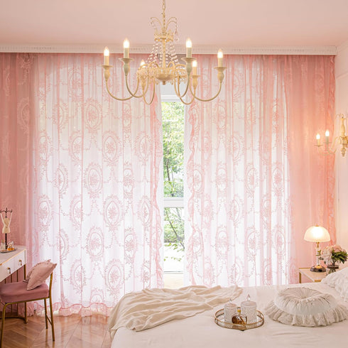 84 Inches 2 Set, W57 L84 Deeprove Pink Lace Curtains Long Panels Boho Sheer Florals Scallop Ruffle Edge, Bohemian Chic
