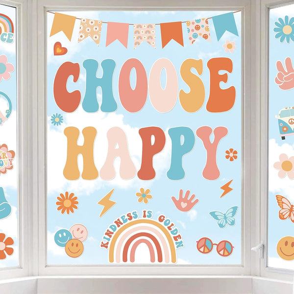 Retro Groovy Inspiration Choose Happy Window Clings, 6 Sheet Double Sided Boho Daisy Rainbow Positive Glass Decals for