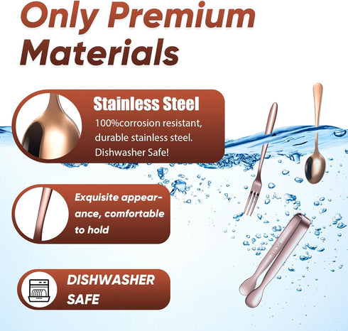 Cunhill 24 Pcs Charcuterie Utensils, Mini Cocktail Tongs, Small Serving Spoons and Appetizer Forks (Rose Gold)