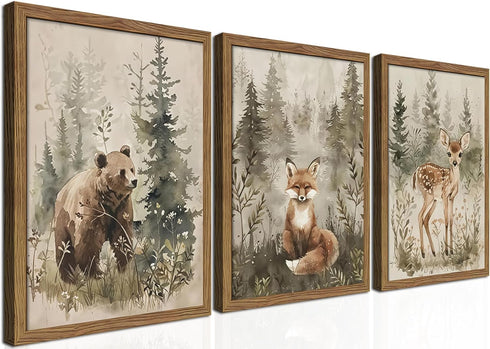 Framed Woodland Wall Art Nursery Decor Set of 3, Cute Wild Animals
