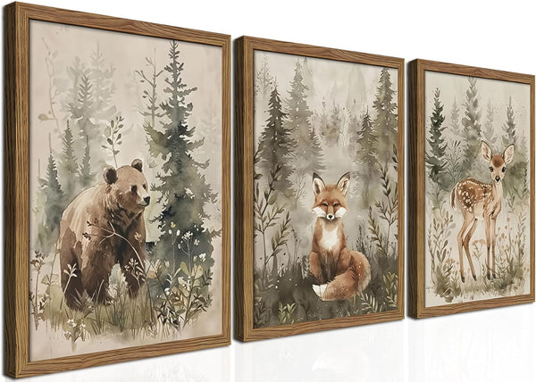 Framed Woodland Wall Art Nursery Decor Set of 3, Cute Wild Animals