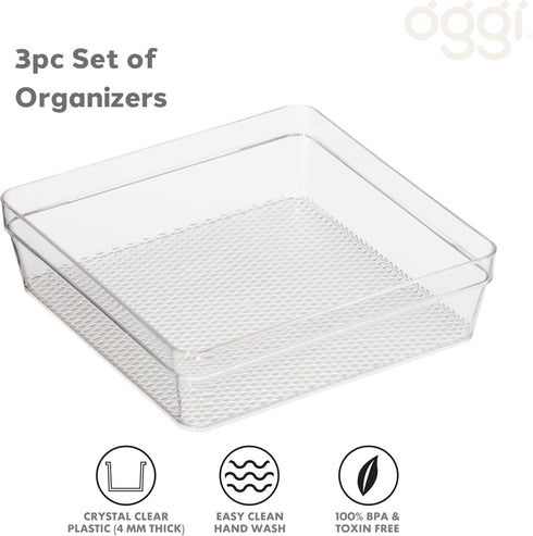 Oggi Set of 3 Clear Drawer Organizers - (1) 6x6.25, (1) 6.25x9.25, (1) 6.25x15.75 - Ideal for Organizing Kitchen Drawers, Office, Desk, Silverware, Kitchen Utensils, Cosmetics and Bathrooms by Oggi