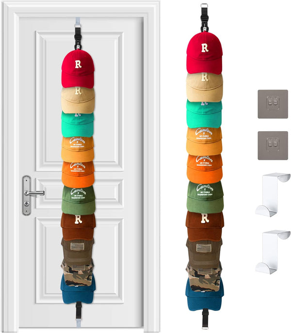 Hat Rack for Baseball Caps, Organizer Holder for Over The Door & Wall, 20 Clips, Holds 20-40 Caps, Hat Storage