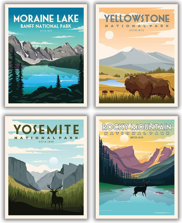 National Parks Vintage Posters & Prints Set of 4 (8x10 inches) Mountain Wall Art Decor for Moraine Lake, Banff,